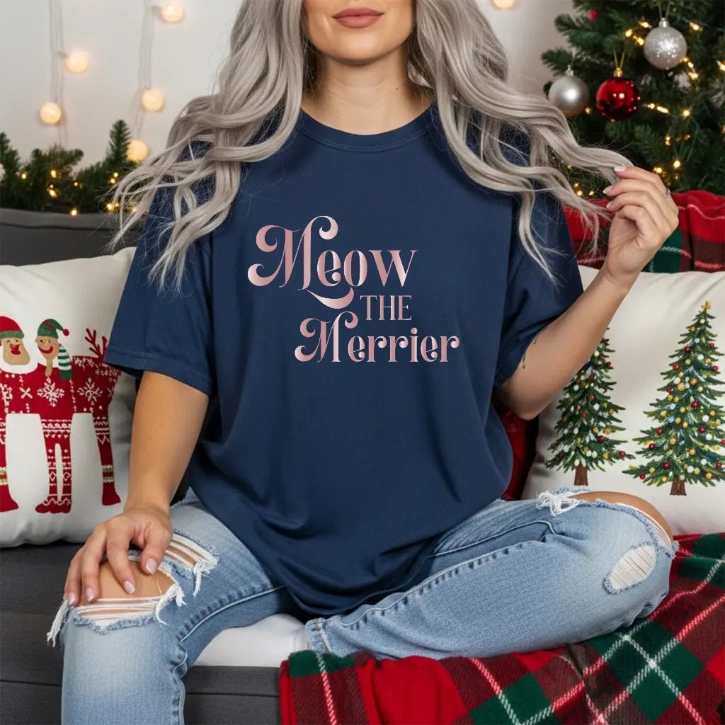 Meow the Merrier Tee - Women's Cute Cat Holiday Graphic T-Shirt - Chic Kitty