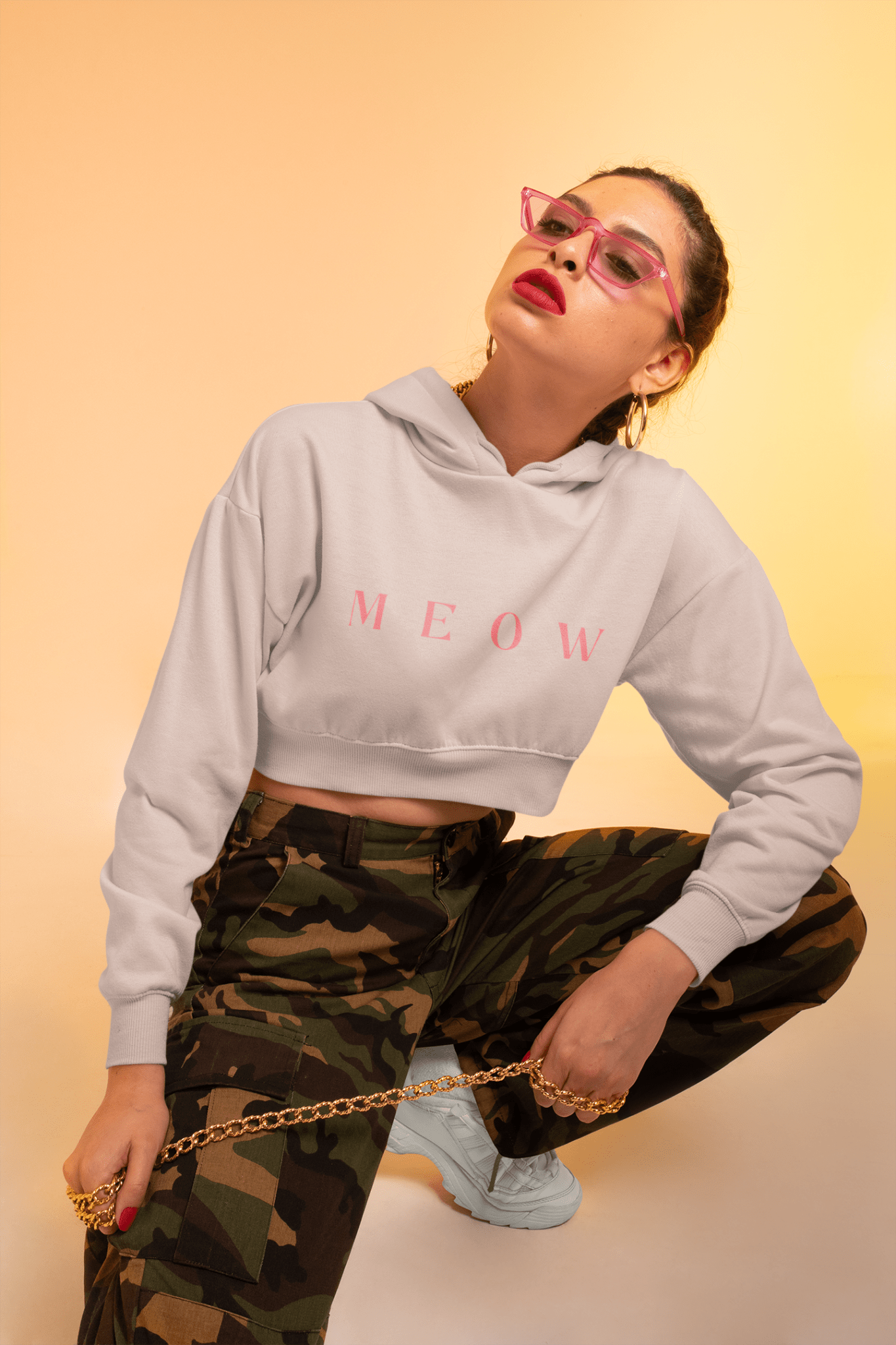 Meow Women’s Cropped Hooded Sweatshirt | Trendy Cat Lover Apparel - Chic Kitty