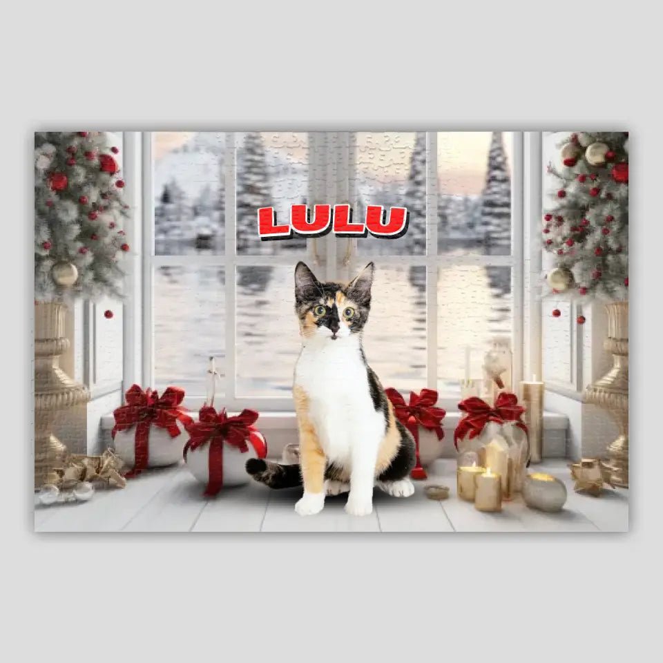 Personalized Christmas Backdrop Cat Photo Puzzle - Chic Kitty