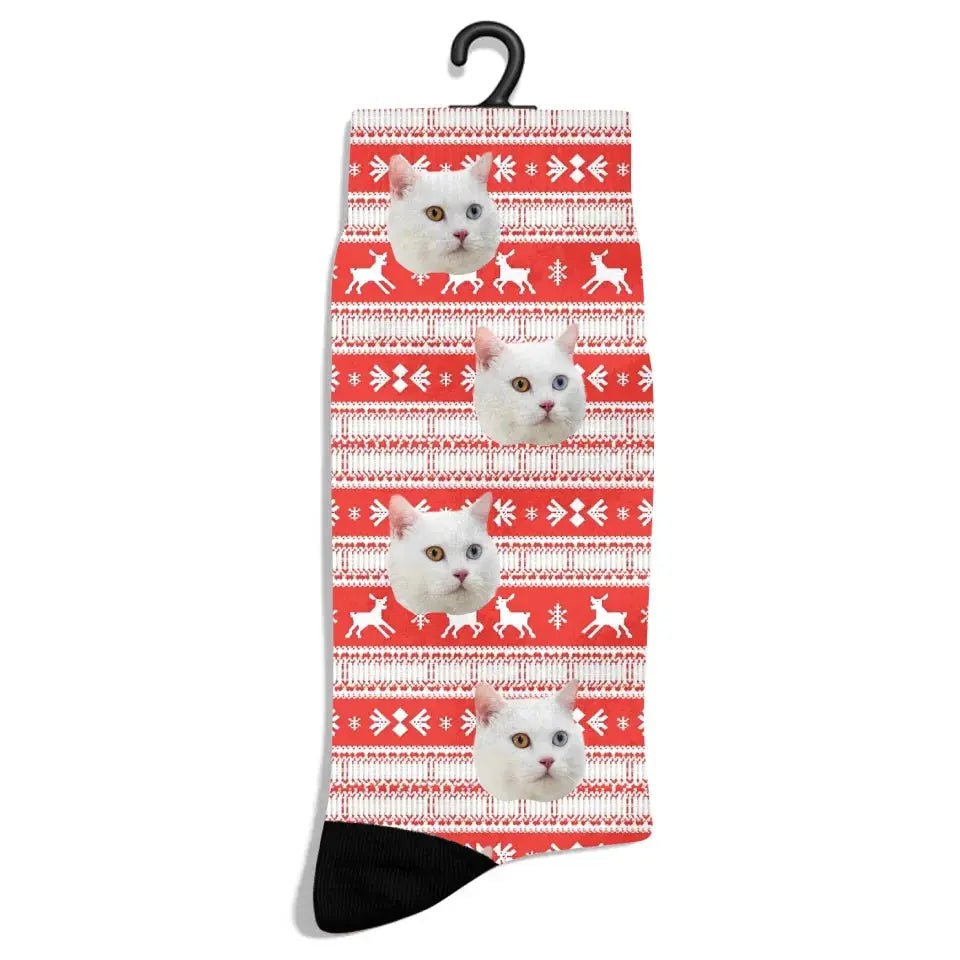 Personalized Christmas Pattern Cat Photo Socks - Chic Kitty