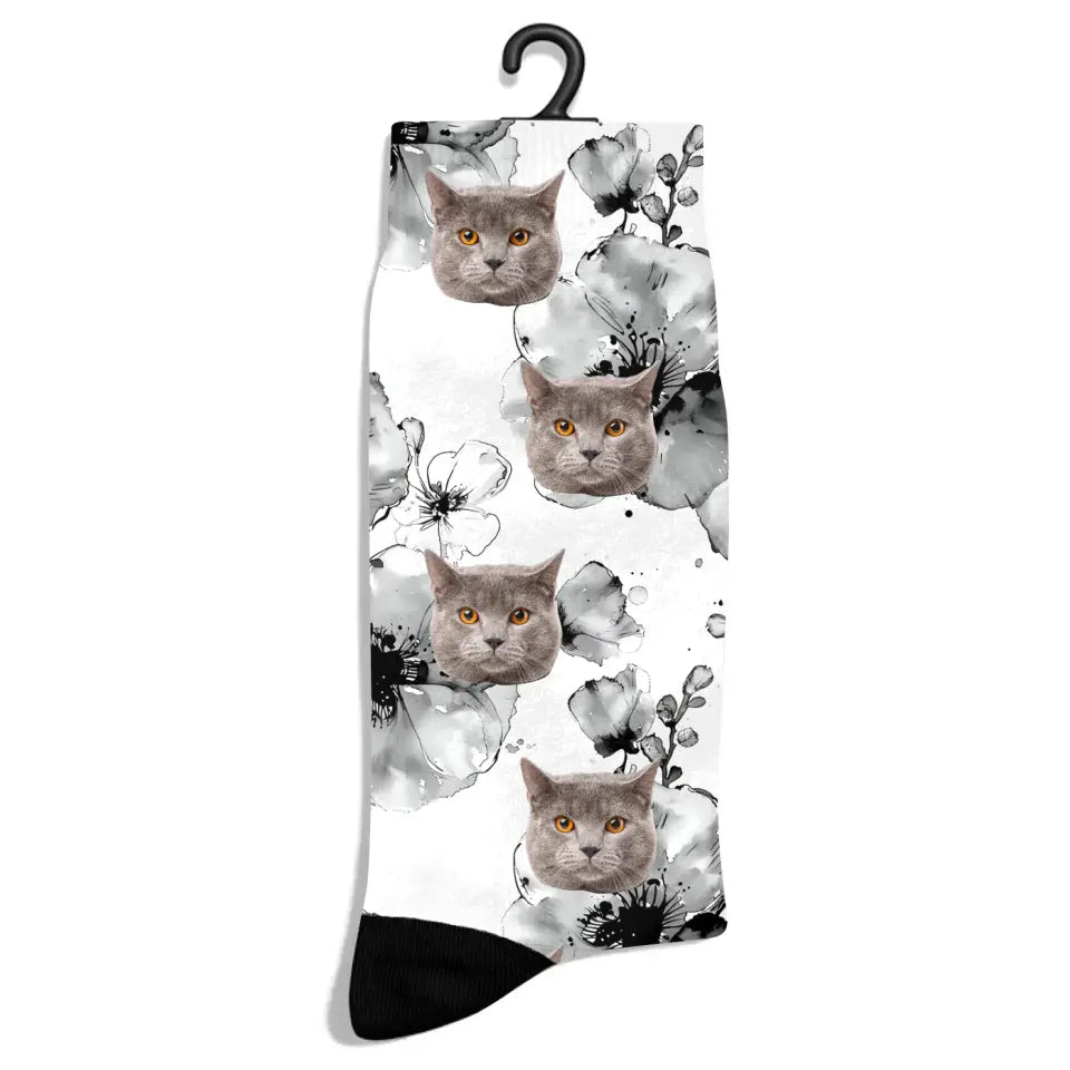 Personalized Flower Ink Pattern Cat Socks - Chic Kitty