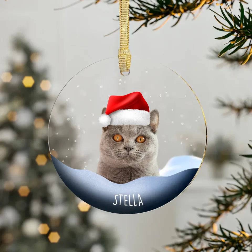 Custom Personalized Santa Hat Cat Photo Acrylic Ornament - Holiday pet ornament