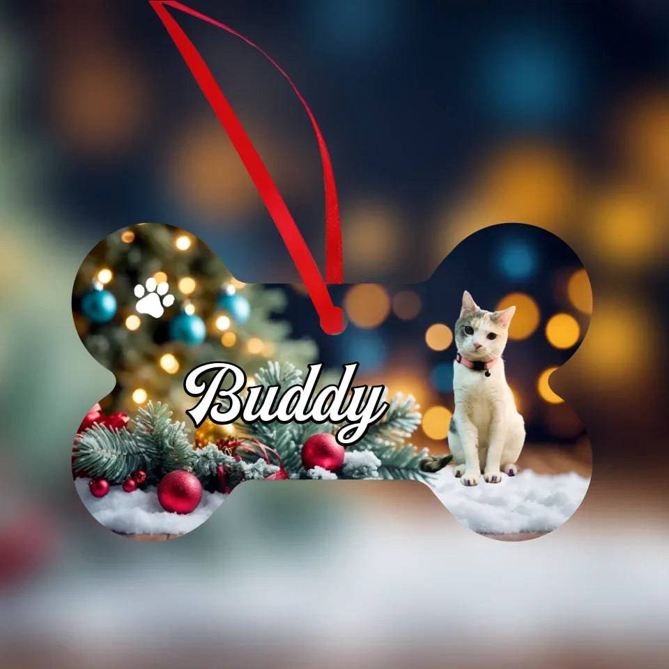 Custom Personalized Cat Photo with  Name - Aluminum  Holiday Ornaments -Bone Shape