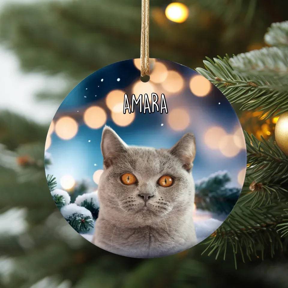 Custom Personalized Cat Photo Christmas Theme Ceramic Ornament - Holiday Pet