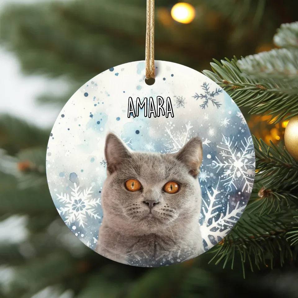 Custom Personalized Cat Photo Christmas Theme Ceramic Ornament - Holiday Pet