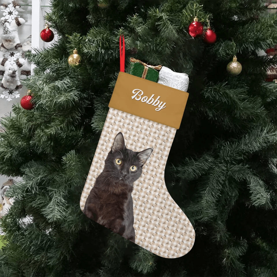 Custom Personalized Cat Photo Christmas Stocking - Holiday Linen