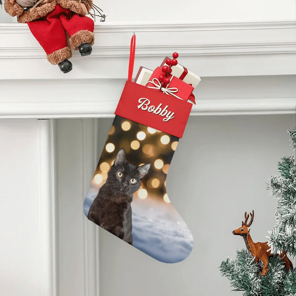 Custom Personalized Cat Photo Christmas Stocking - Holiday Linen