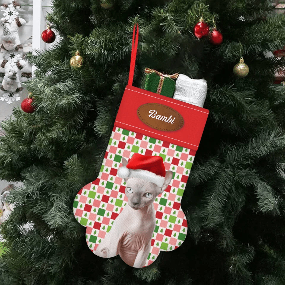 Custom Personalized Cat Photo Christmas Stocking - Holiday Paw