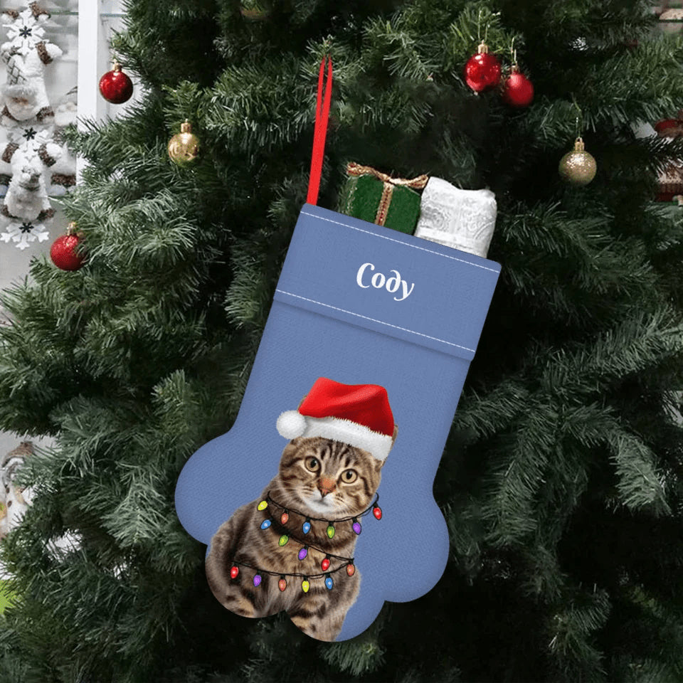 Custom Personalized Cat Photo Christmas Stocking - Paw Holiday Stocking for Pets