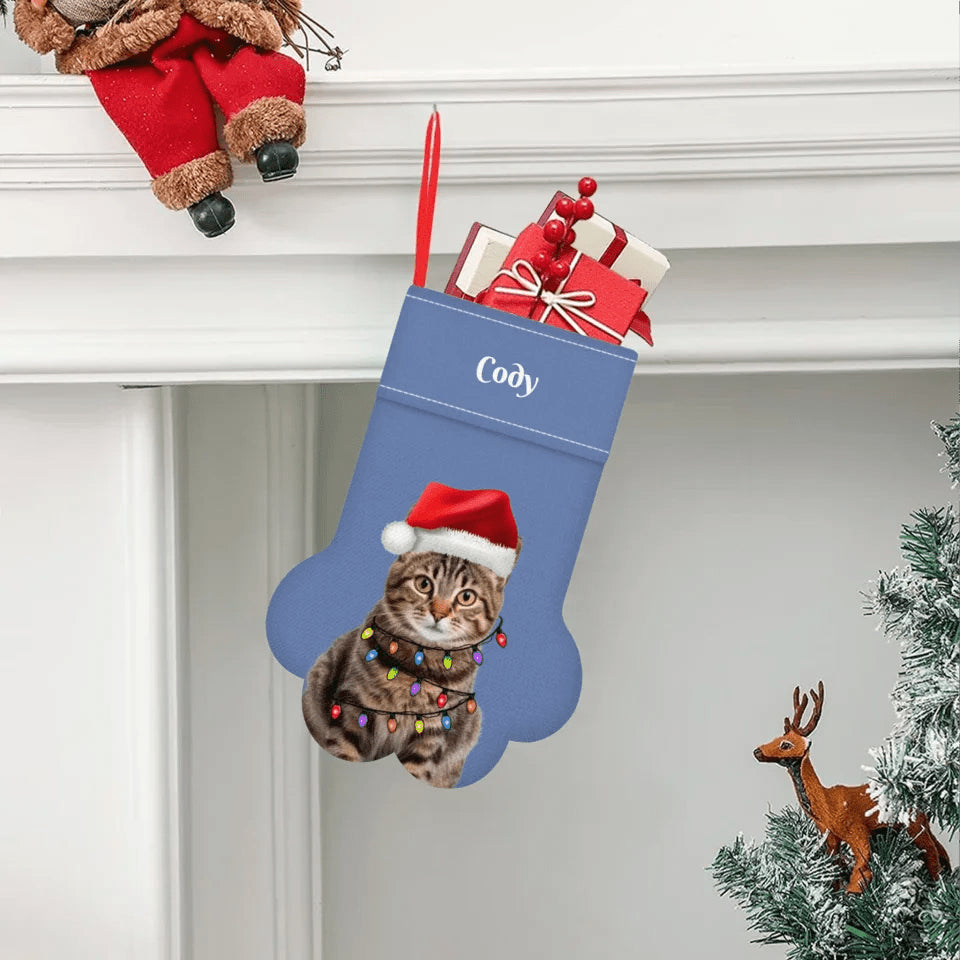 Custom Personalized Cat Photo Christmas Stocking - Paw Holiday Stocking for Pets