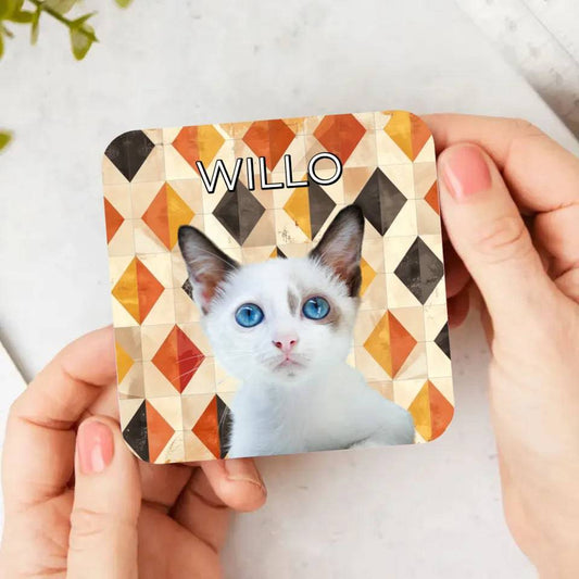 Custom Cat Photo Fall Geometric Pattern Coasters - Gifts for Cat Lovers