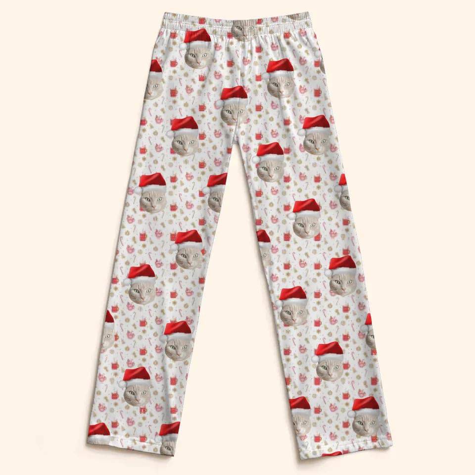 Custom Personalized Cat Photo Christmas Pajama Pants - Holiday PJ's for Kids