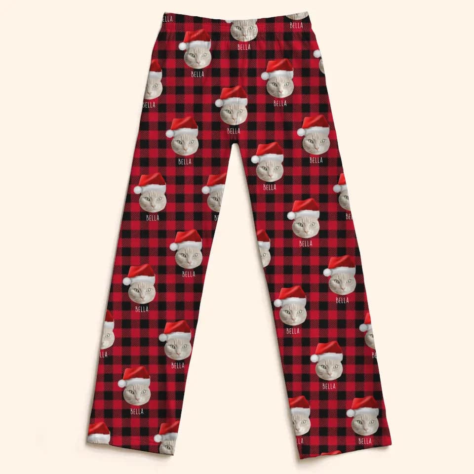 Custom Personalized Cat Photo Christmas Pajama Pants - Holiday PJ's for Kids