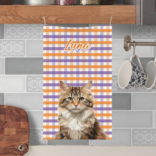 Custom Personalized Halloween Plaid Pattern Cat Photo Kitchen Towel