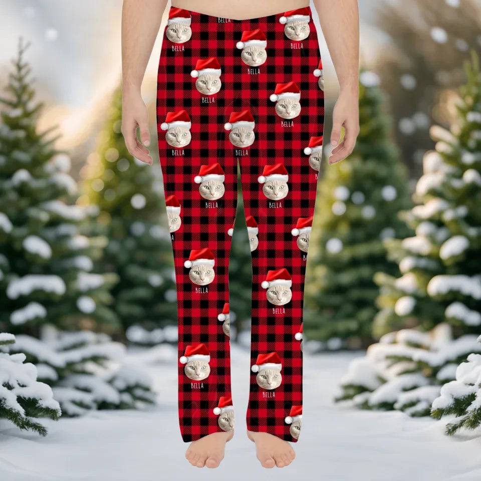 Custom Personalized Cat Photo Men's Christmas Pajama Pants - Holiday PJ's for Men