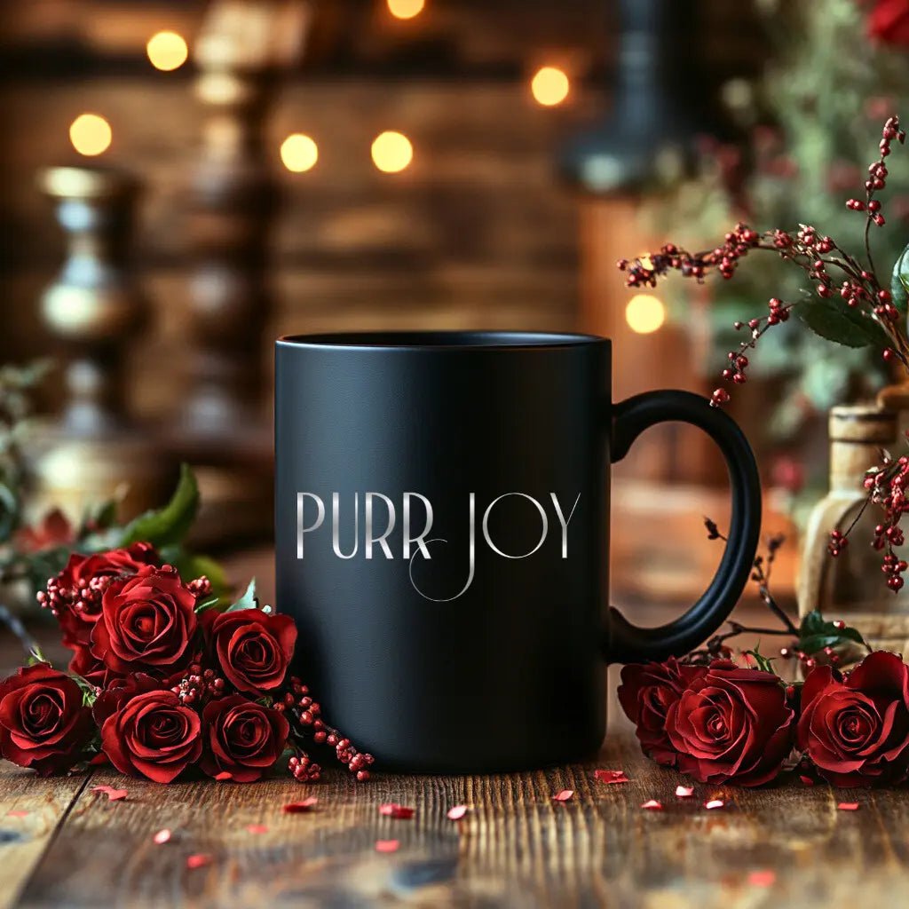 Purr Joy Black Ceramic Mug — Cute Cat Lover Coffee Cup (11oz & 15oz) - Chic Kitty