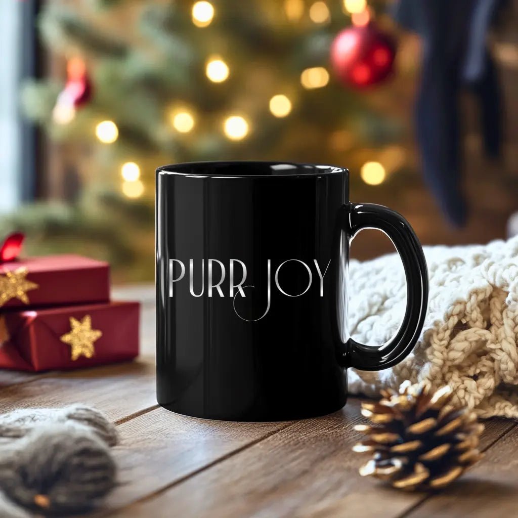 Purr Joy Black Ceramic Mug — Cute Cat Lover Coffee Cup (11oz & 15oz) - Chic Kitty