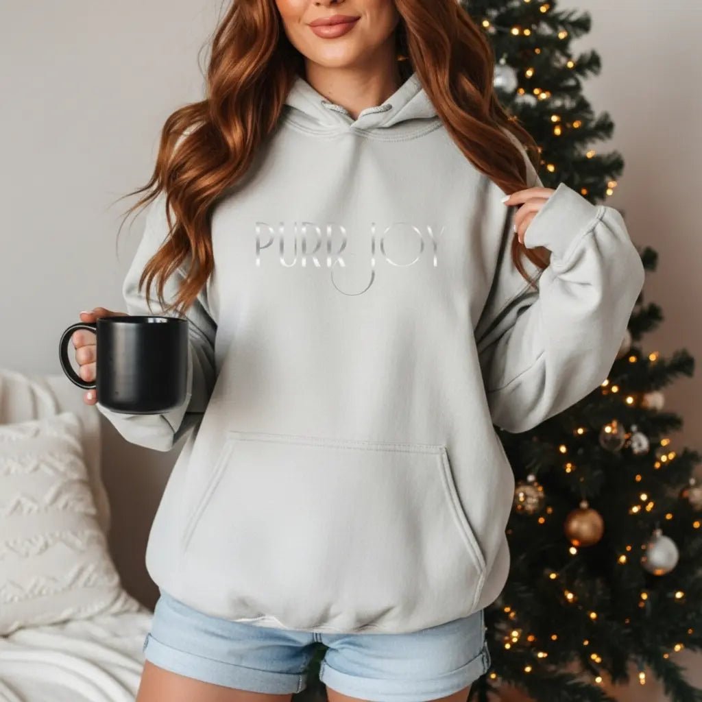 Purr Joy Hoodie — Minimal Cat Silhouette White Pullover - Chic Kitty