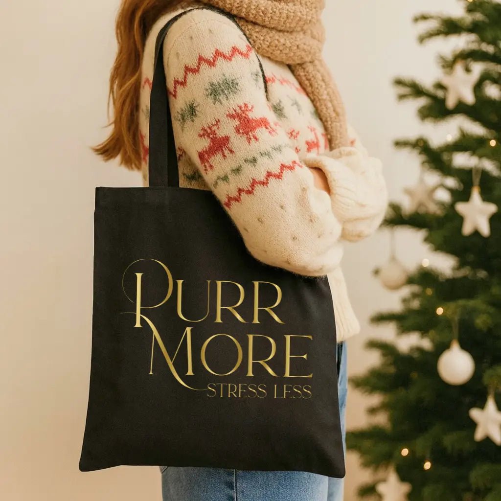 Purr More Stress Less Canvas Tote Bag — Gold Foil Cat Quote Eco Shopper - Chic Kitty