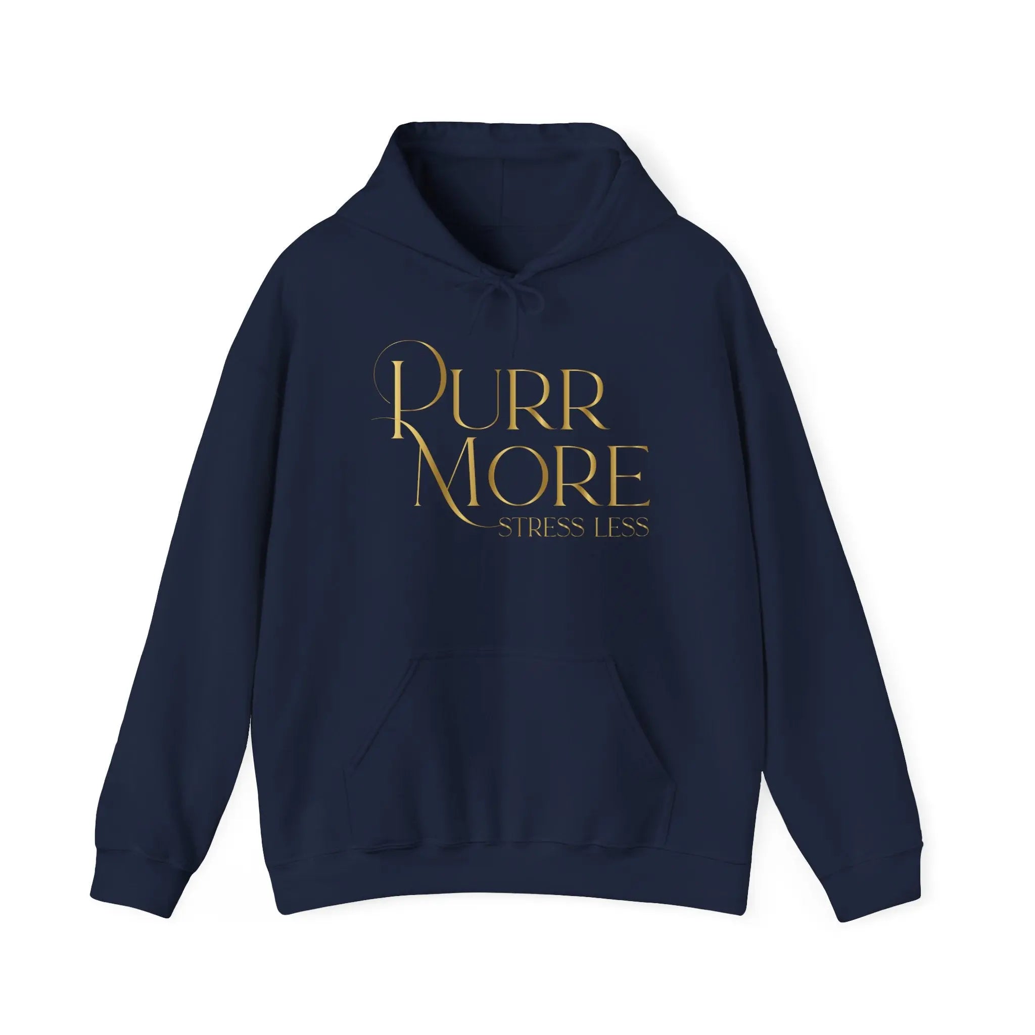 Purr More Stress Less Hoodie — Gold Script Cat Lover Sweatshirt - Chic Kitty