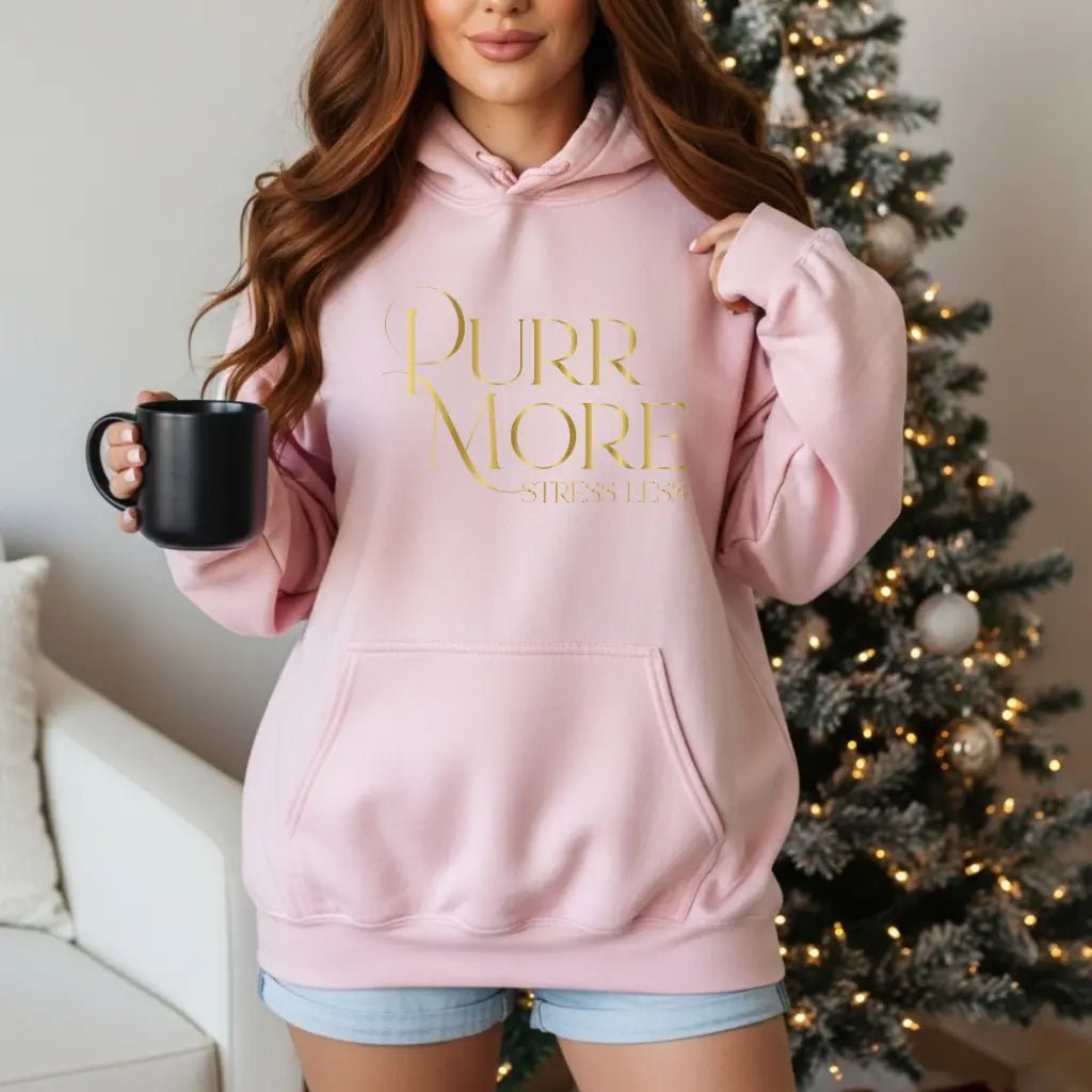 Purr More Stress Less Hoodie — Gold Script Cat Lover Sweatshirt - Chic Kitty