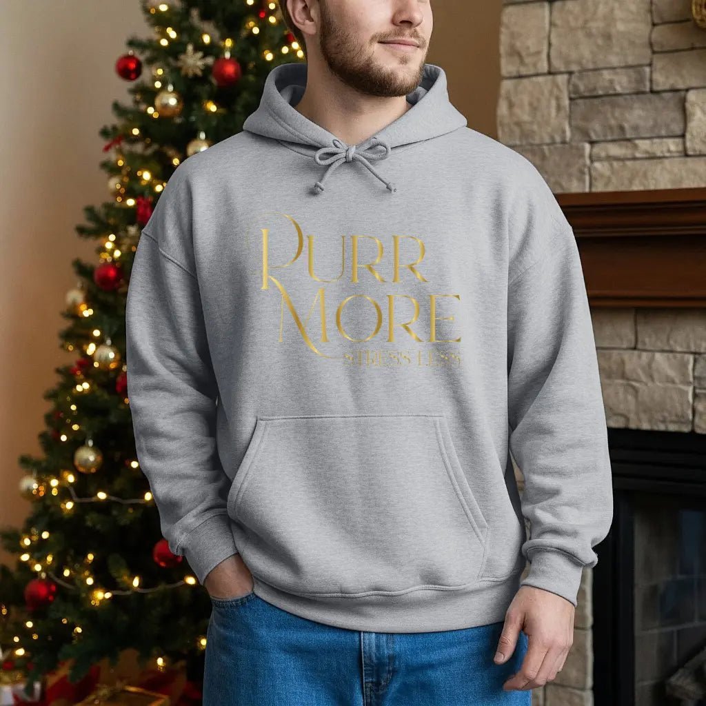 Purr More Stress Less Hoodie — Gold Script Cat Lover Sweatshirt - Chic Kitty