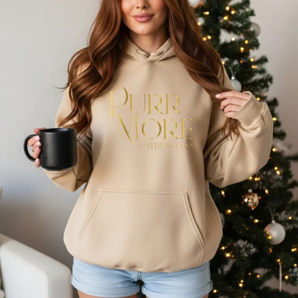 Purr More Stress Less Hoodie — Gold Script Cat Lover Sweatshirt - Chic Kitty
