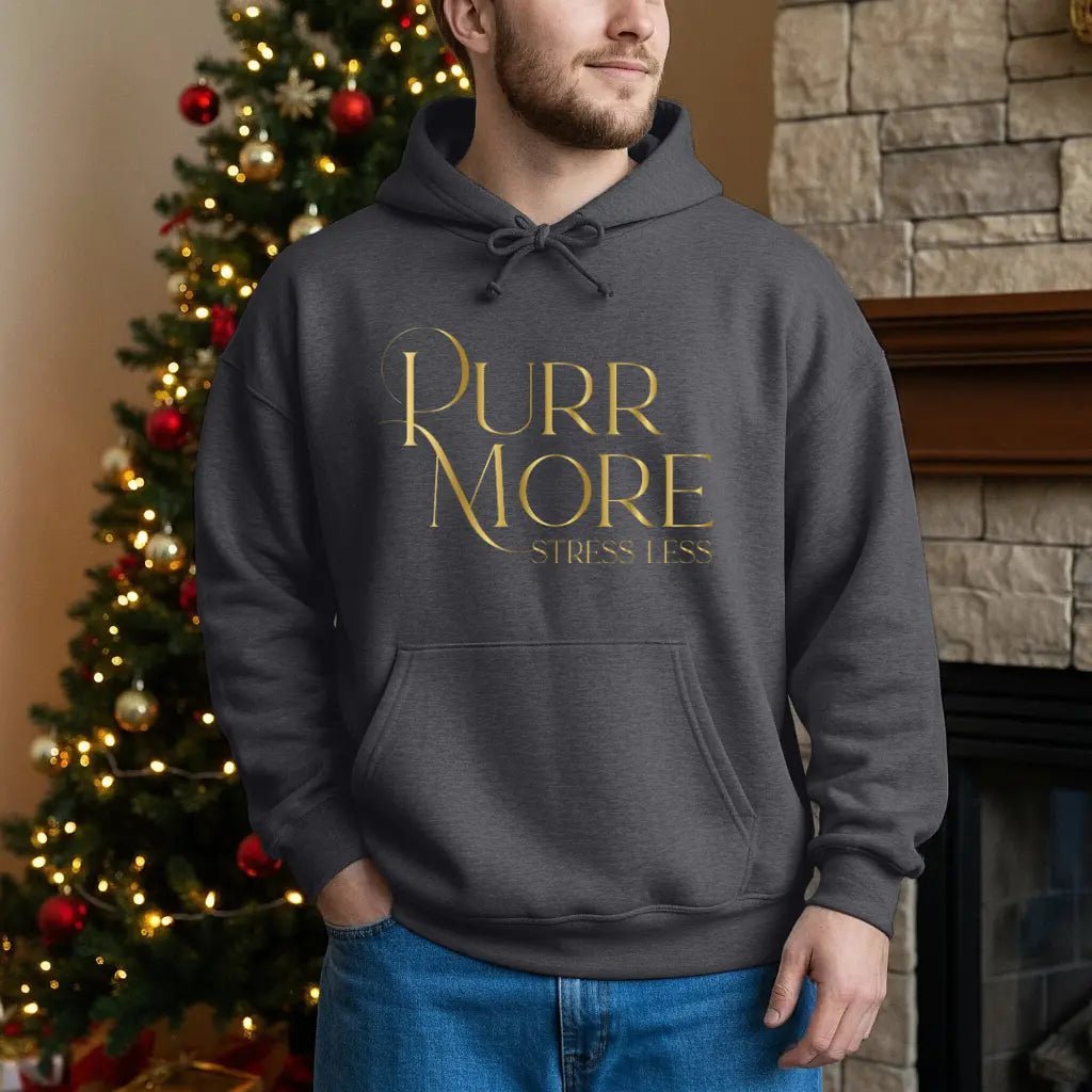 Purr More Stress Less Hoodie — Gold Script Cat Lover Sweatshirt - Chic Kitty