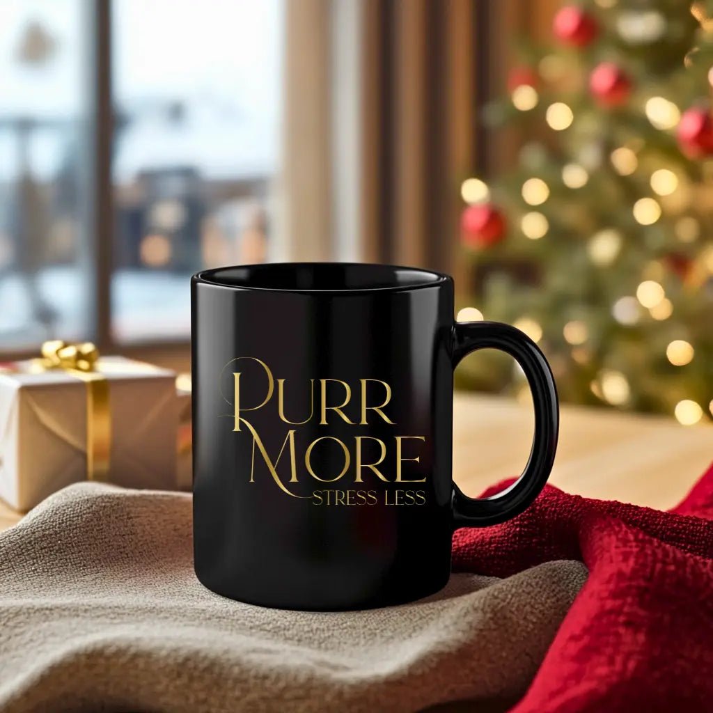 Purr More Stress Less Mug — Black Ceramic Cat Lover Coffee Cup (11oz, 15oz) - Chic Kitty