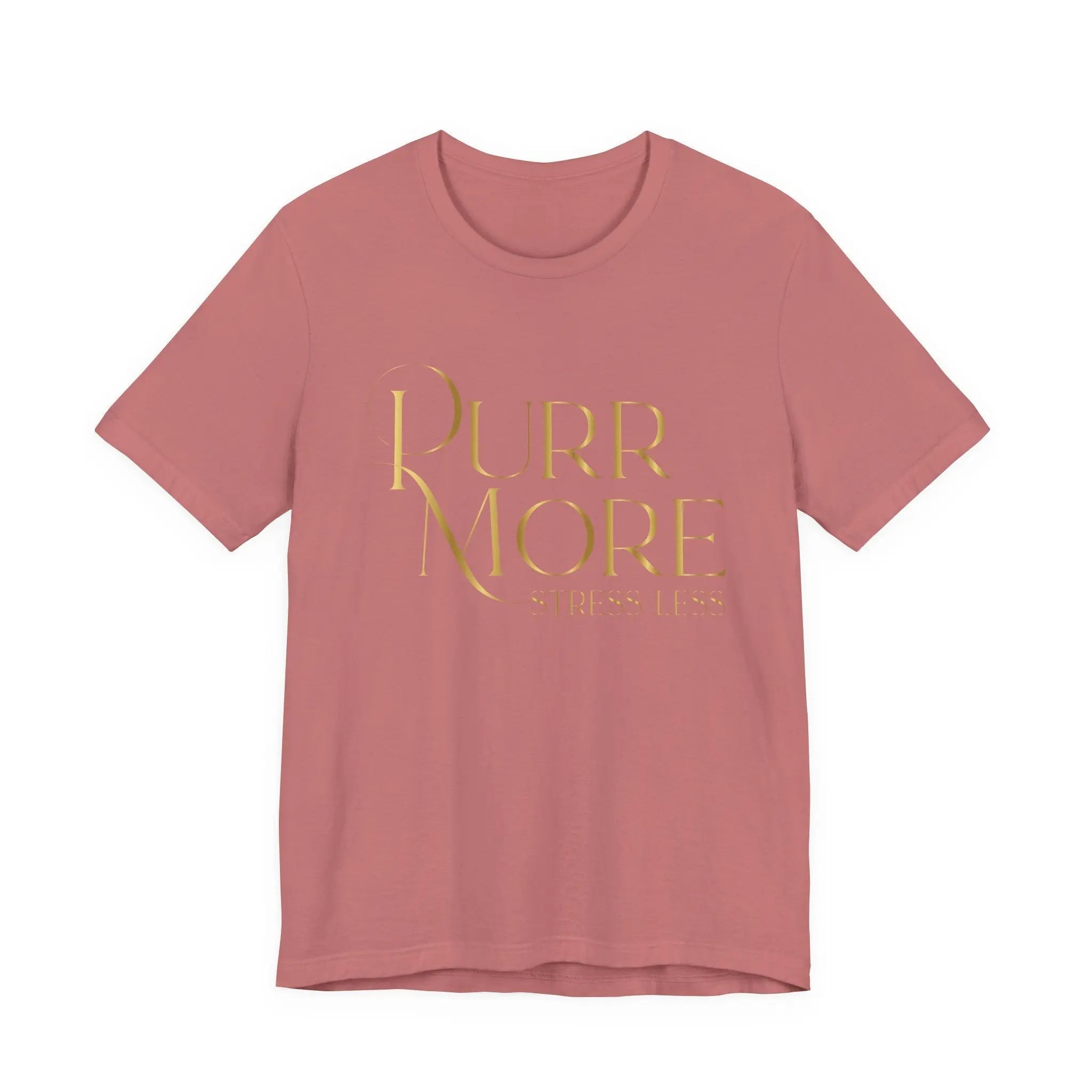 Purr More Stress Less Tee — Gold Script Cat Lover Shirt - Chic Kitty