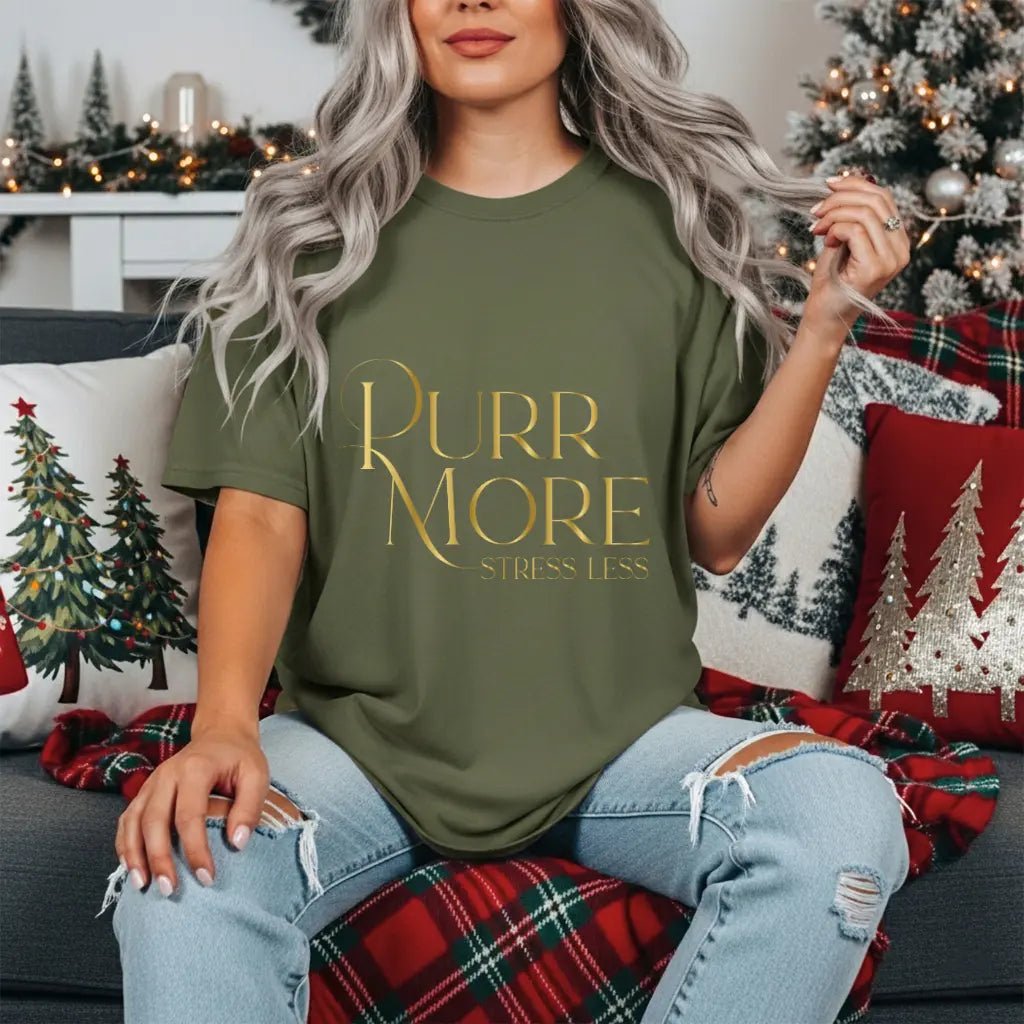 Purr More Stress Less Tee — Gold Script Cat Lover Shirt - Chic Kitty