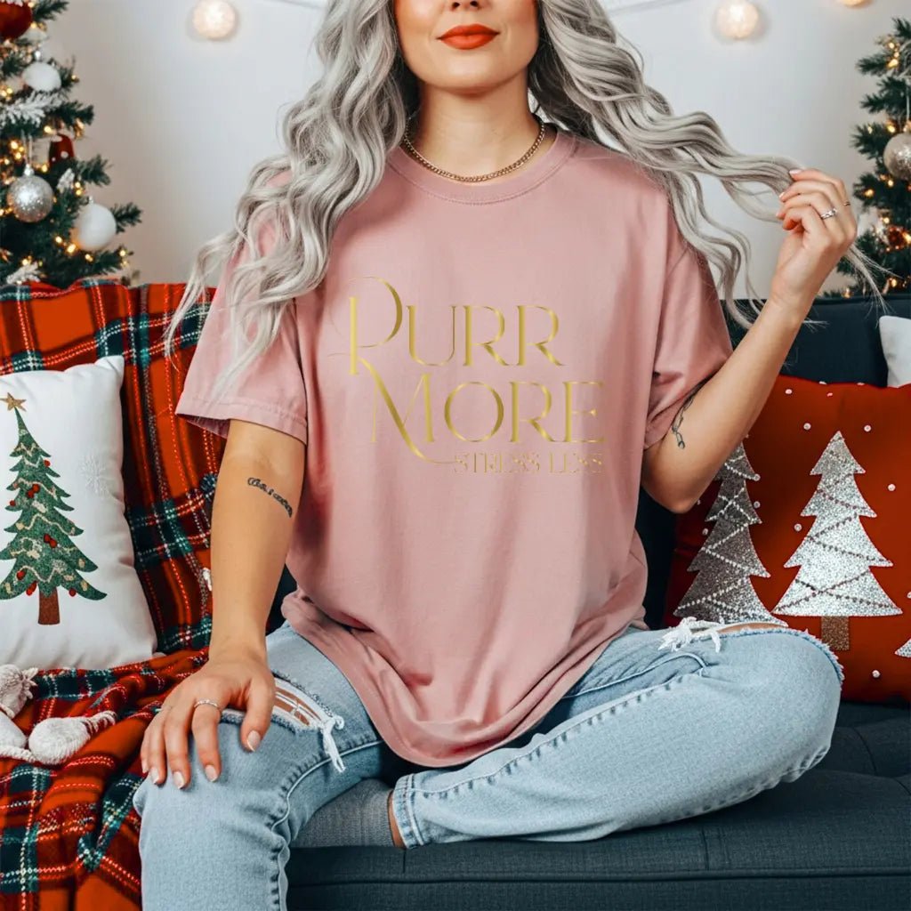 Purr More Stress Less Tee — Gold Script Cat Lover Shirt - Chic Kitty