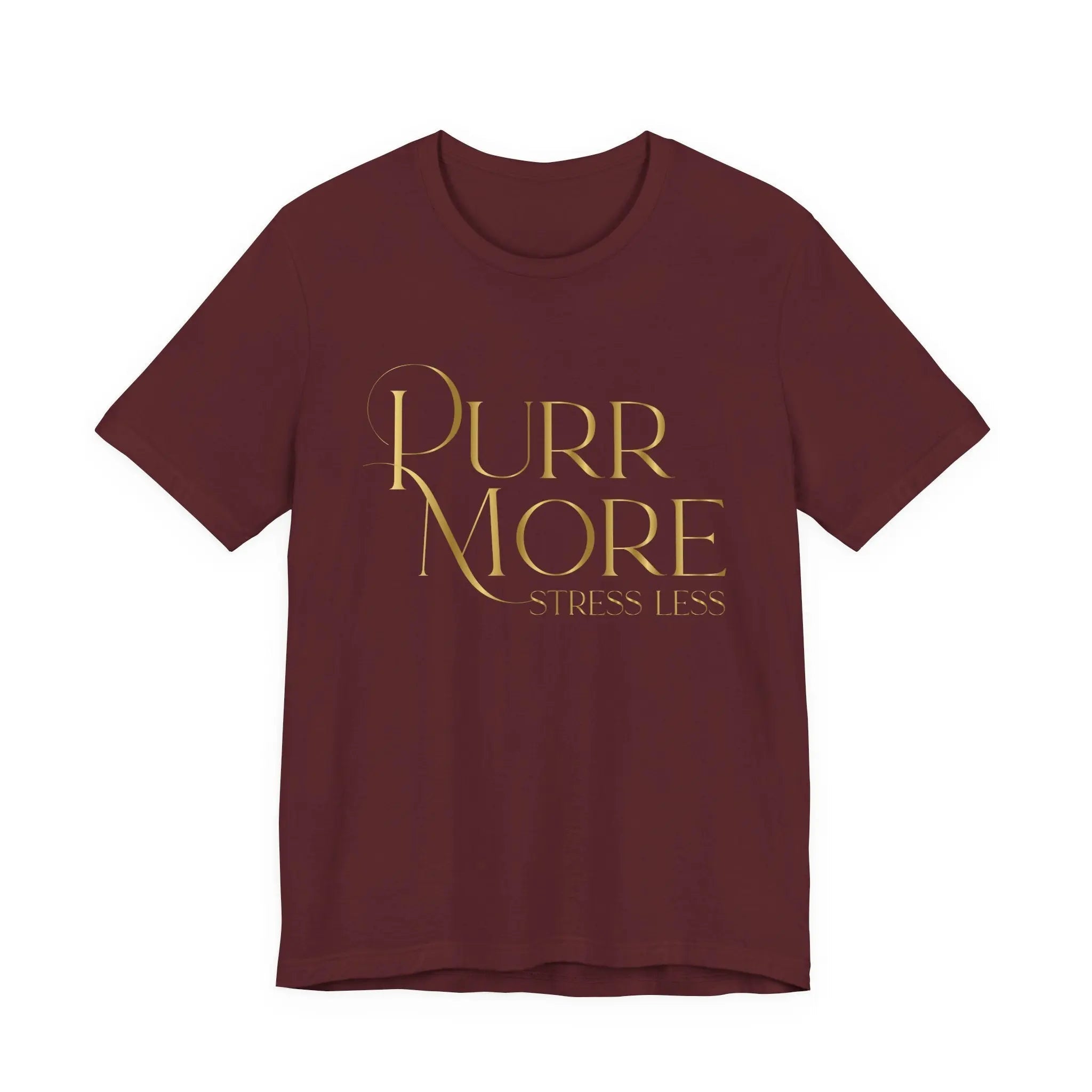 Purr More Stress Less Tee — Gold Script Cat Lover Shirt - Chic Kitty