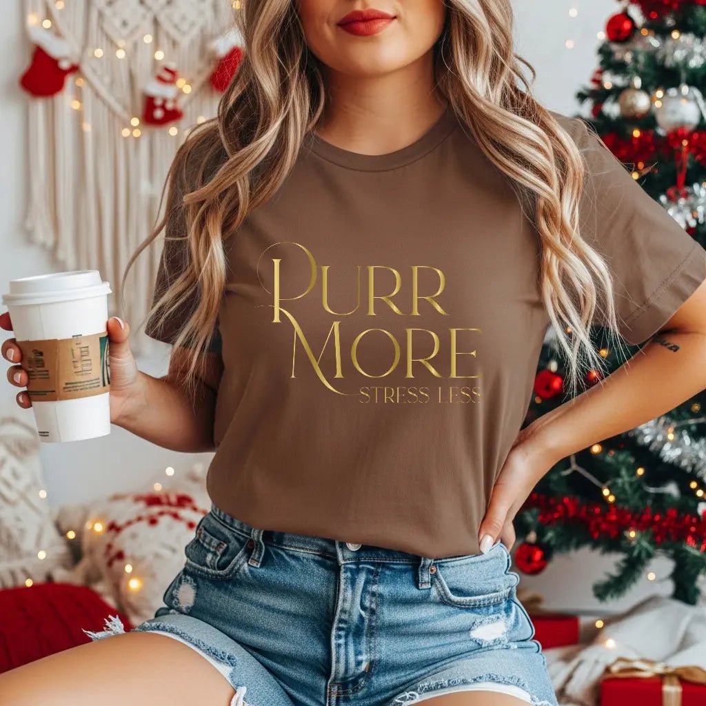 Purr More Stress Less Tee — Gold Script Cat Lover Shirt - Chic Kitty
