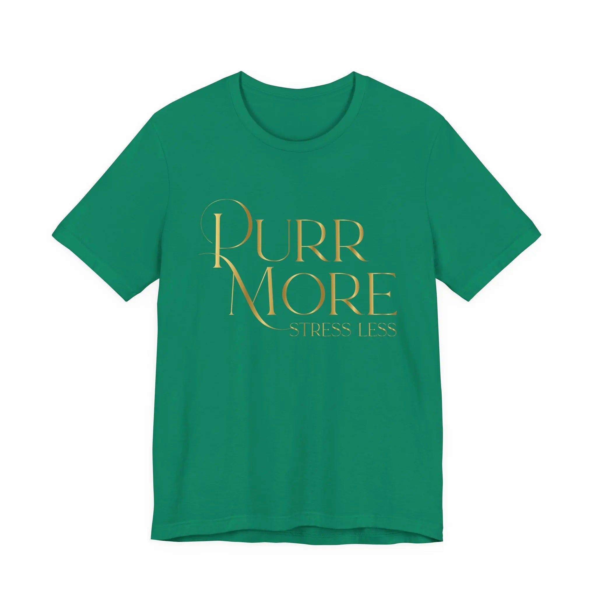 Purr More Stress Less Tee — Gold Script Cat Lover Shirt - Chic Kitty