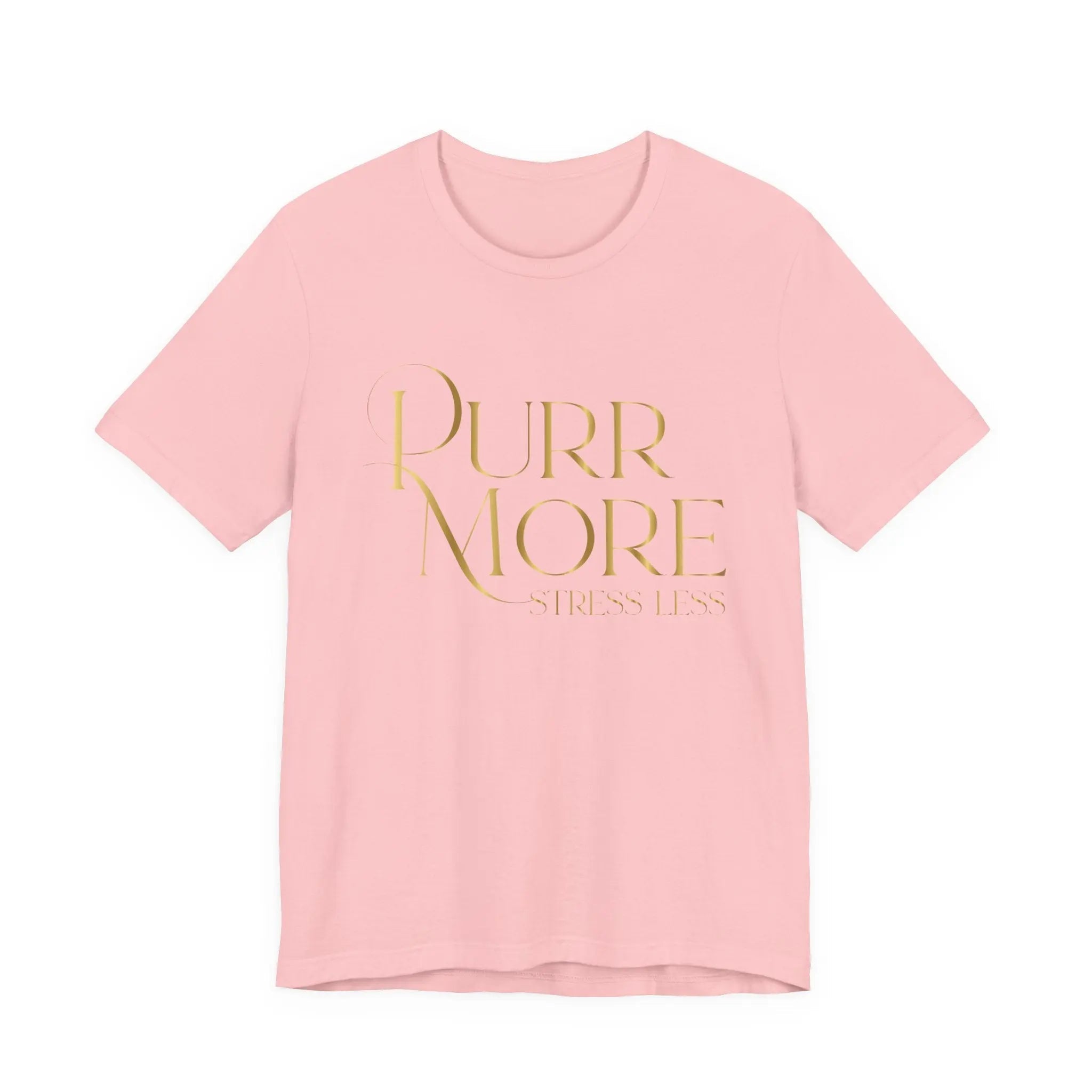 Purr More Stress Less Tee — Gold Script Cat Lover Shirt - Chic Kitty
