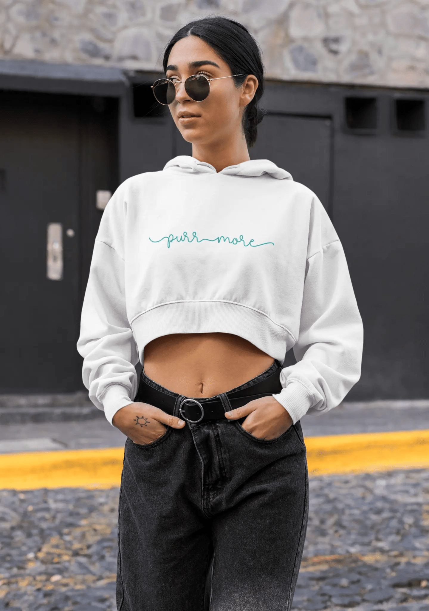 Purr More Women’s Cropped Hoodie - Cute Casual Streetwear - Chic Kitty