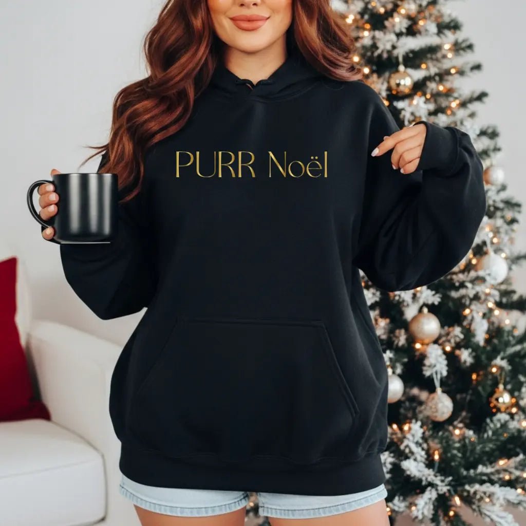 Purr Noël Hoodie — Gold Script Holiday Cat Lover Sweatshirt - Chic Kitty