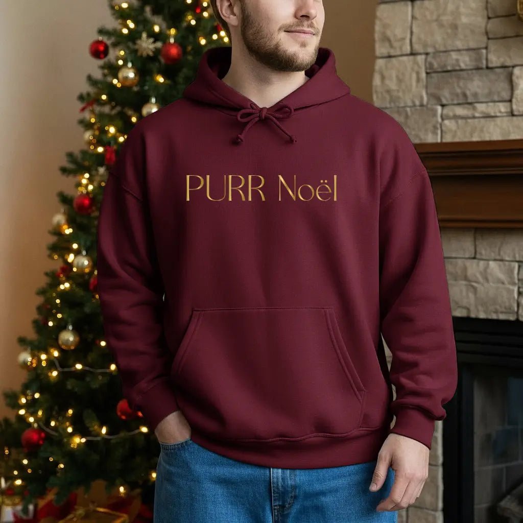 Purr Noël Hoodie — Gold Script Holiday Cat Lover Sweatshirt - Chic Kitty